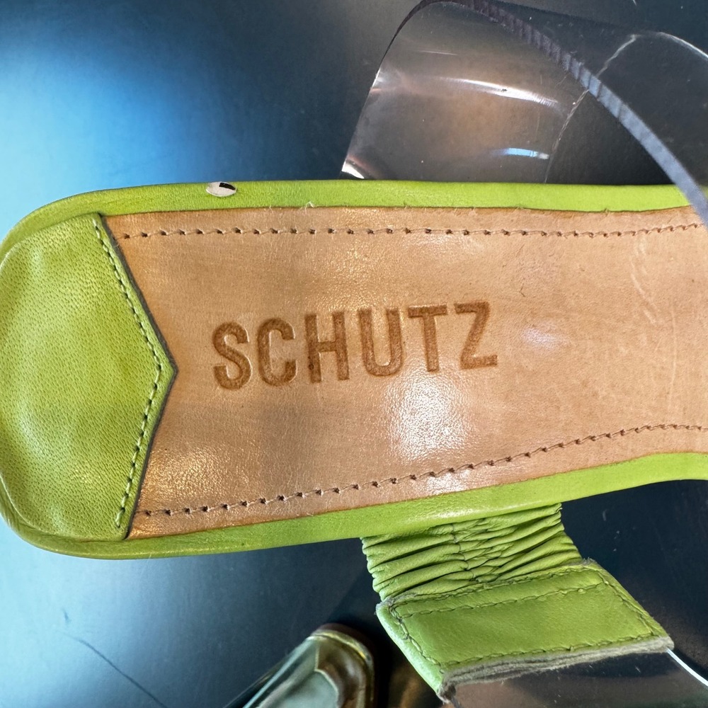 Schutz Ariella Women 8 B Lime Green Clear Vinyl Acrylic High Heel Sandal Slide - Picture 7 of 11